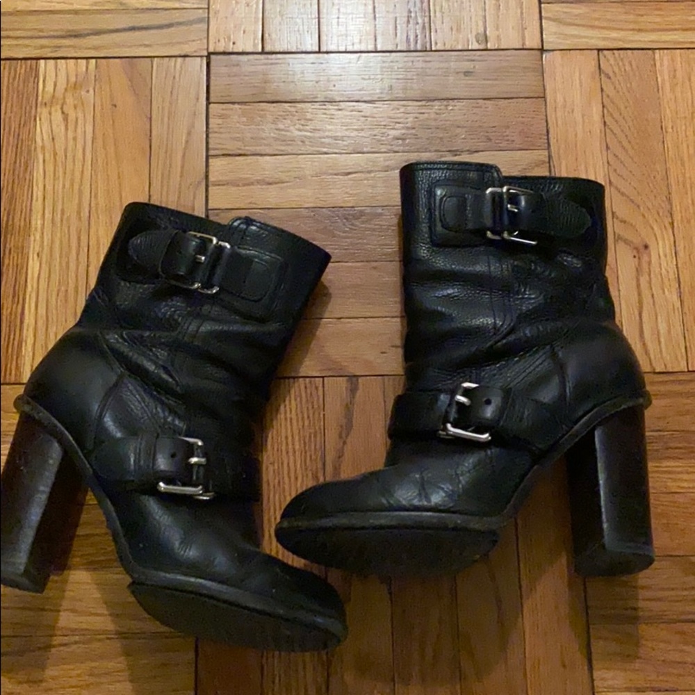 Theory black leather motorcycle bootie